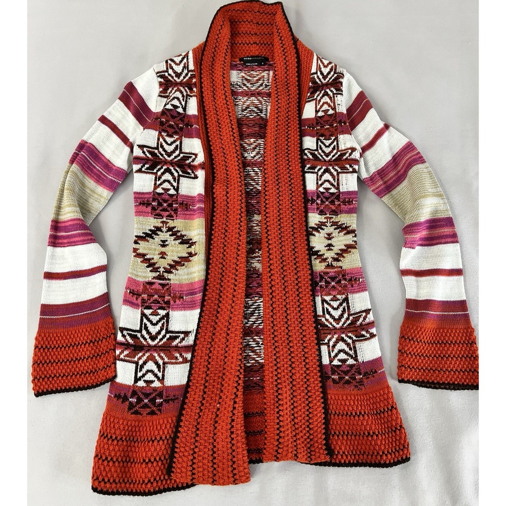 BCBG MAXAZRIA Women's S Open Sweater Cardigan Red-Orange White Southwest Western - Picture 5 of 11